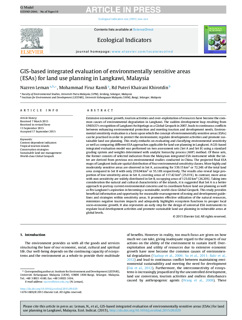 GIS-based integrated evaluation of environmentally sensitive areas (ESAs) for land use planning in Langkawi, Malaysia