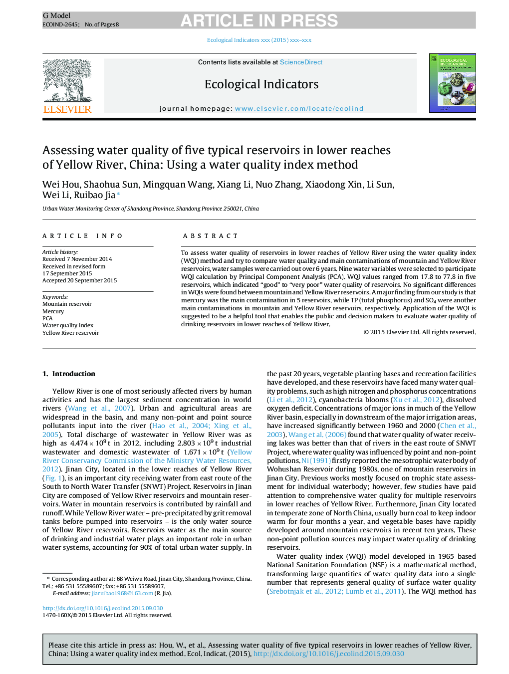 Assessing water quality of five typical reservoirs in lower reaches of Yellow River, China: Using a water quality index method