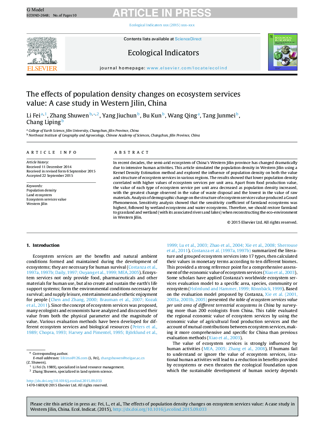 The effects of population density changes on ecosystem services value: A case study in Western Jilin, China