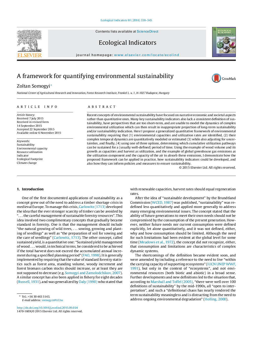 A framework for quantifying environmental sustainability