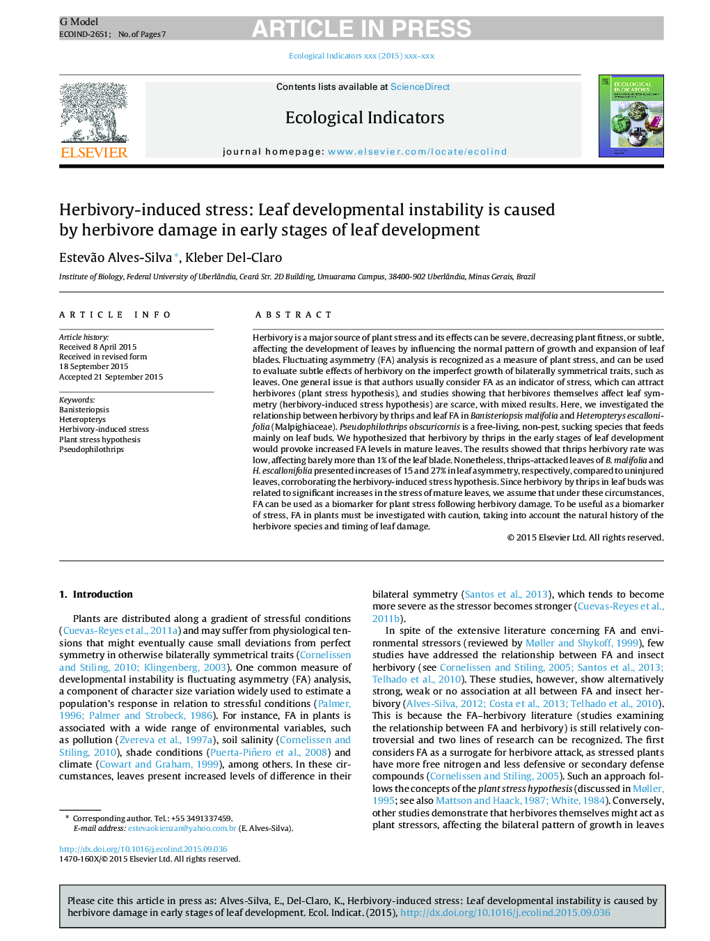 Herbivory-induced stress: Leaf developmental instability is caused by herbivore damage in early stages of leaf development