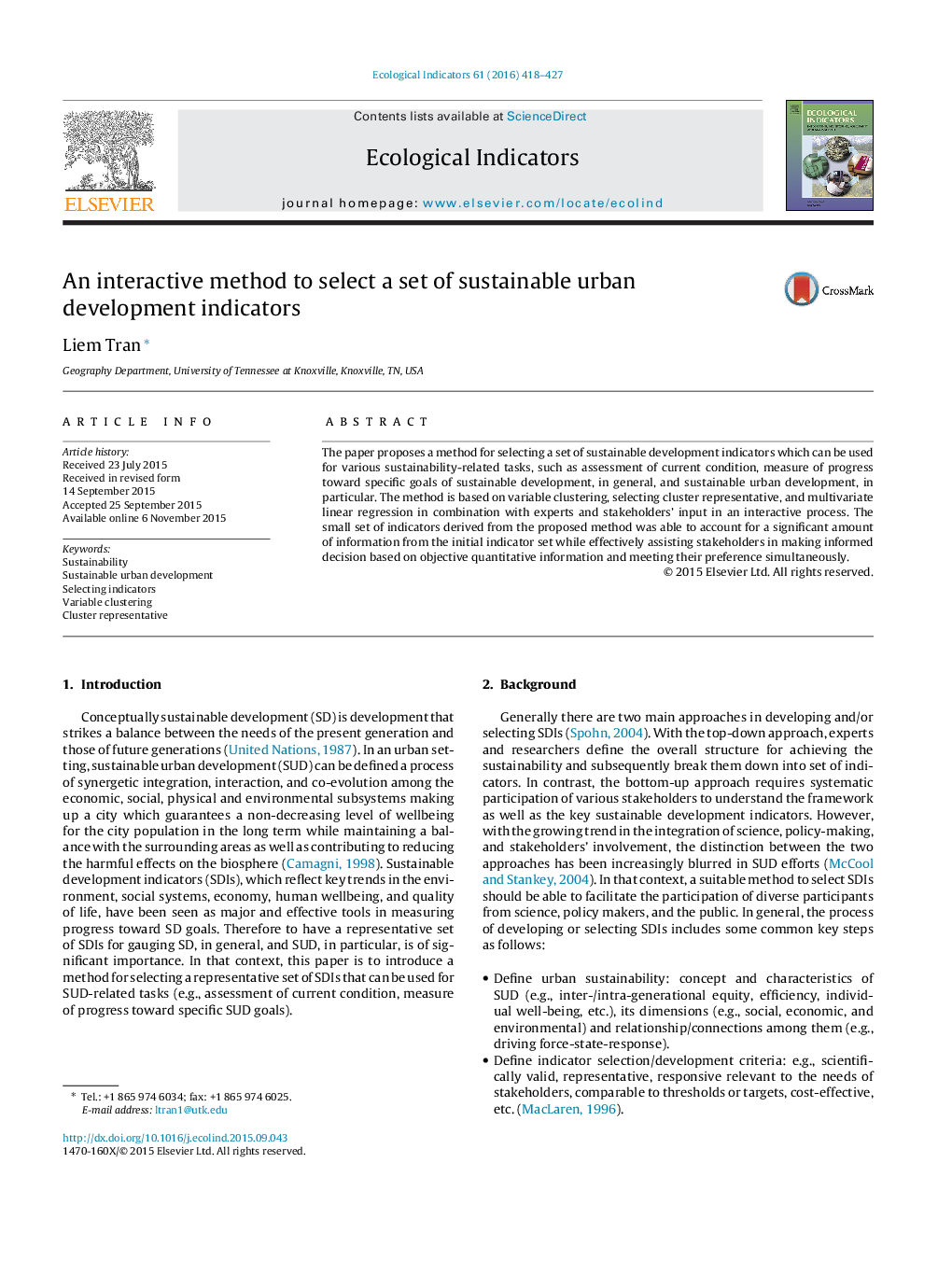 An interactive method to select a set of sustainable urban development indicators