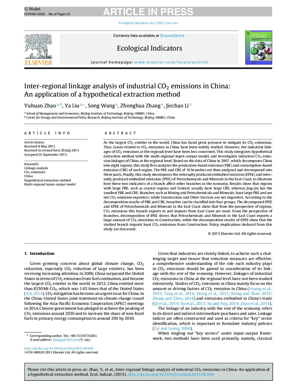 Inter-regional linkage analysis of industrial CO2 emissions in China: An application of a hypothetical extraction method