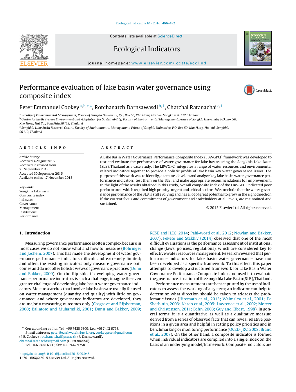 Performance evaluation of lake basin water governance using composite index