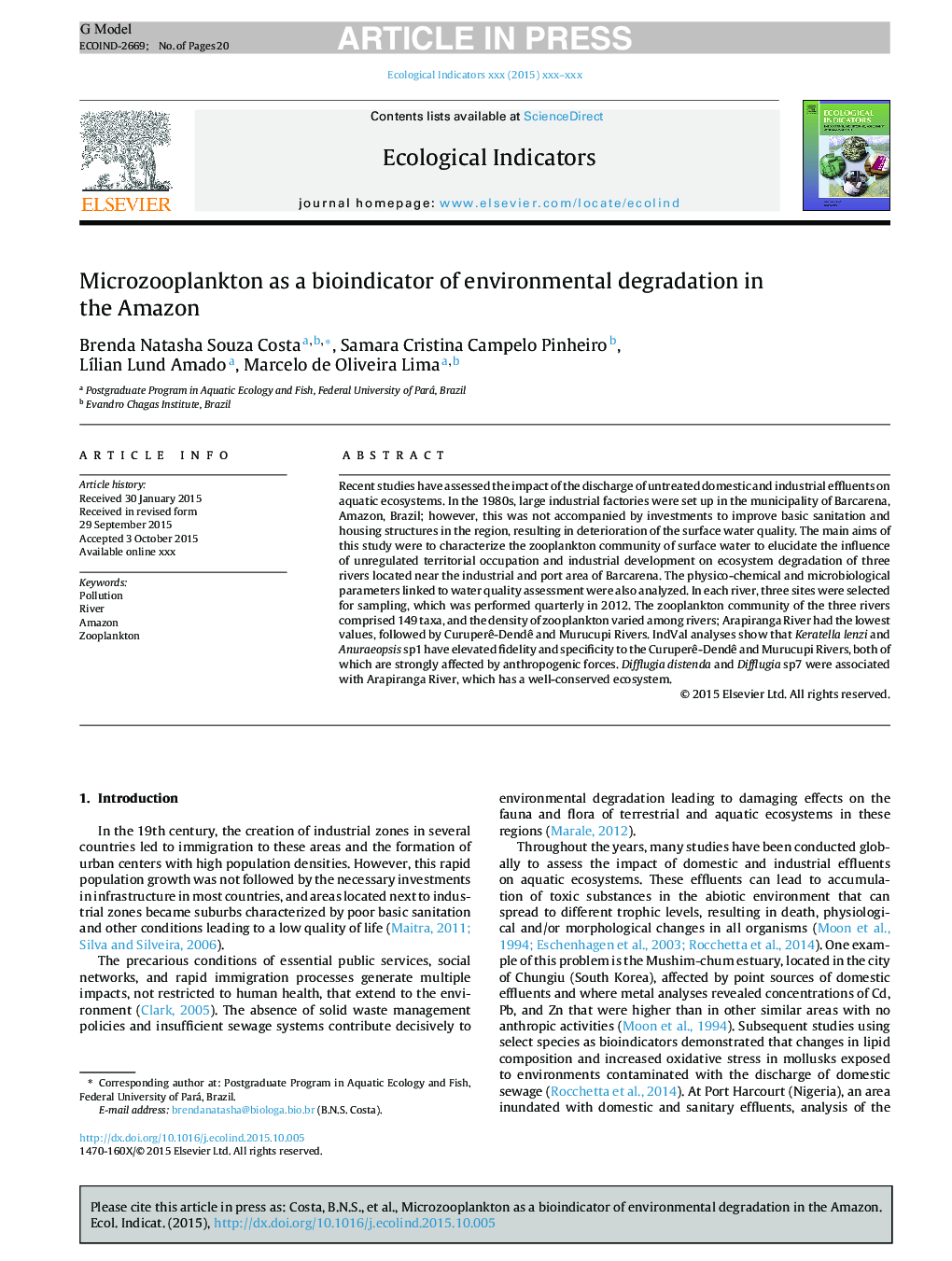 Microzooplankton as a bioindicator of environmental degradation in the Amazon