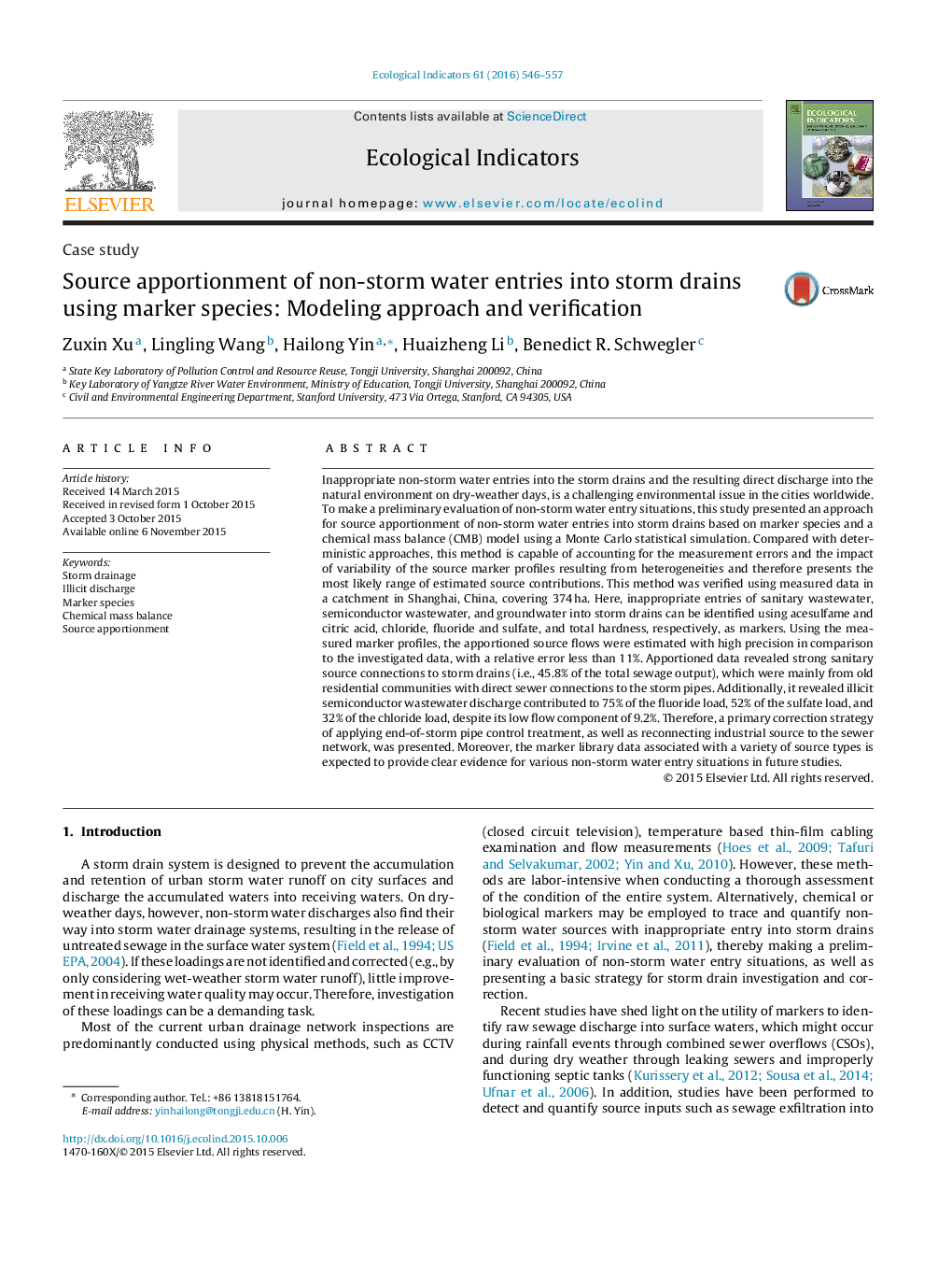 Source apportionment of non-storm water entries into storm drains using marker species: Modeling approach and verification