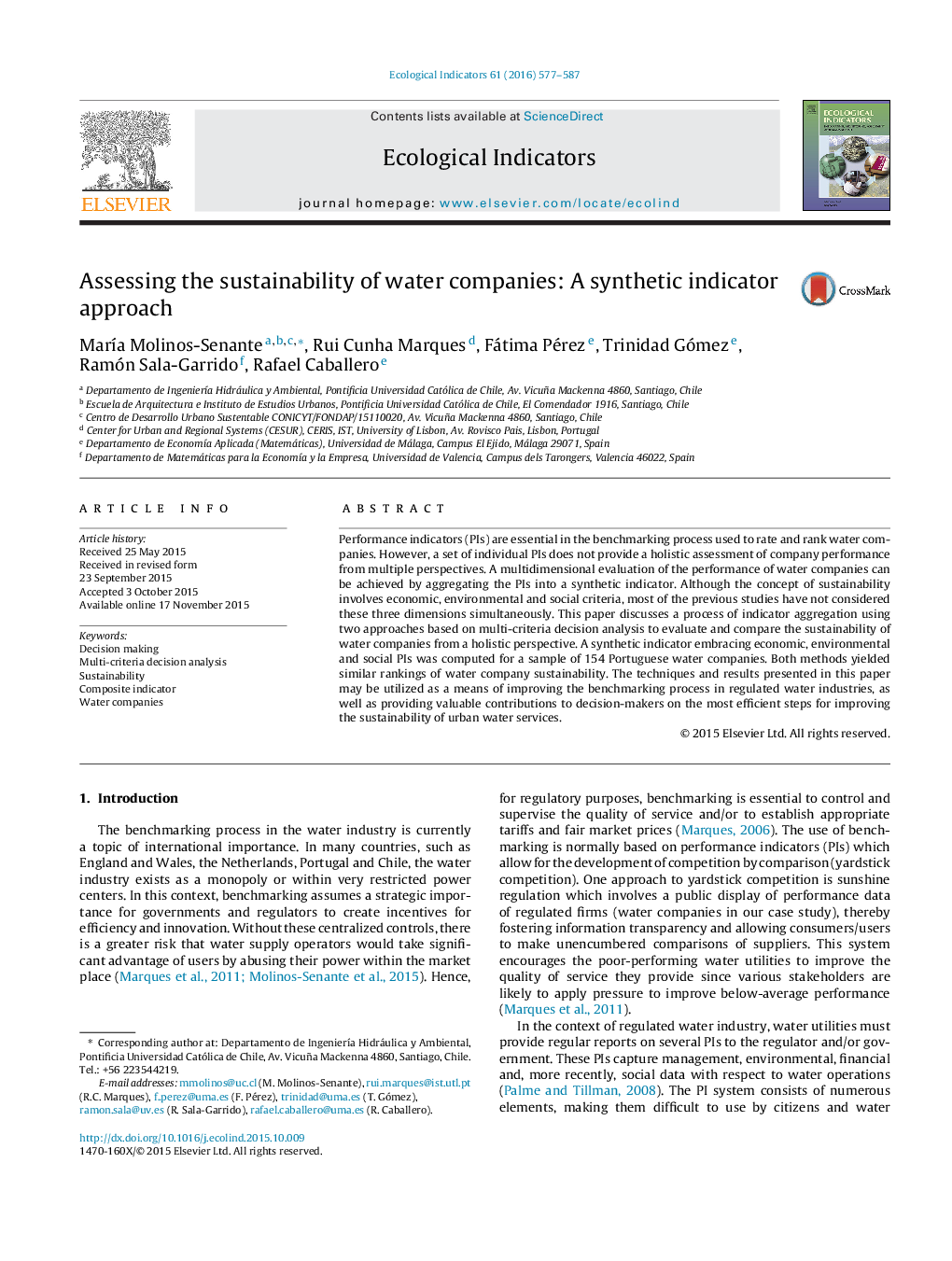 Assessing the sustainability of water companies: A synthetic indicator approach