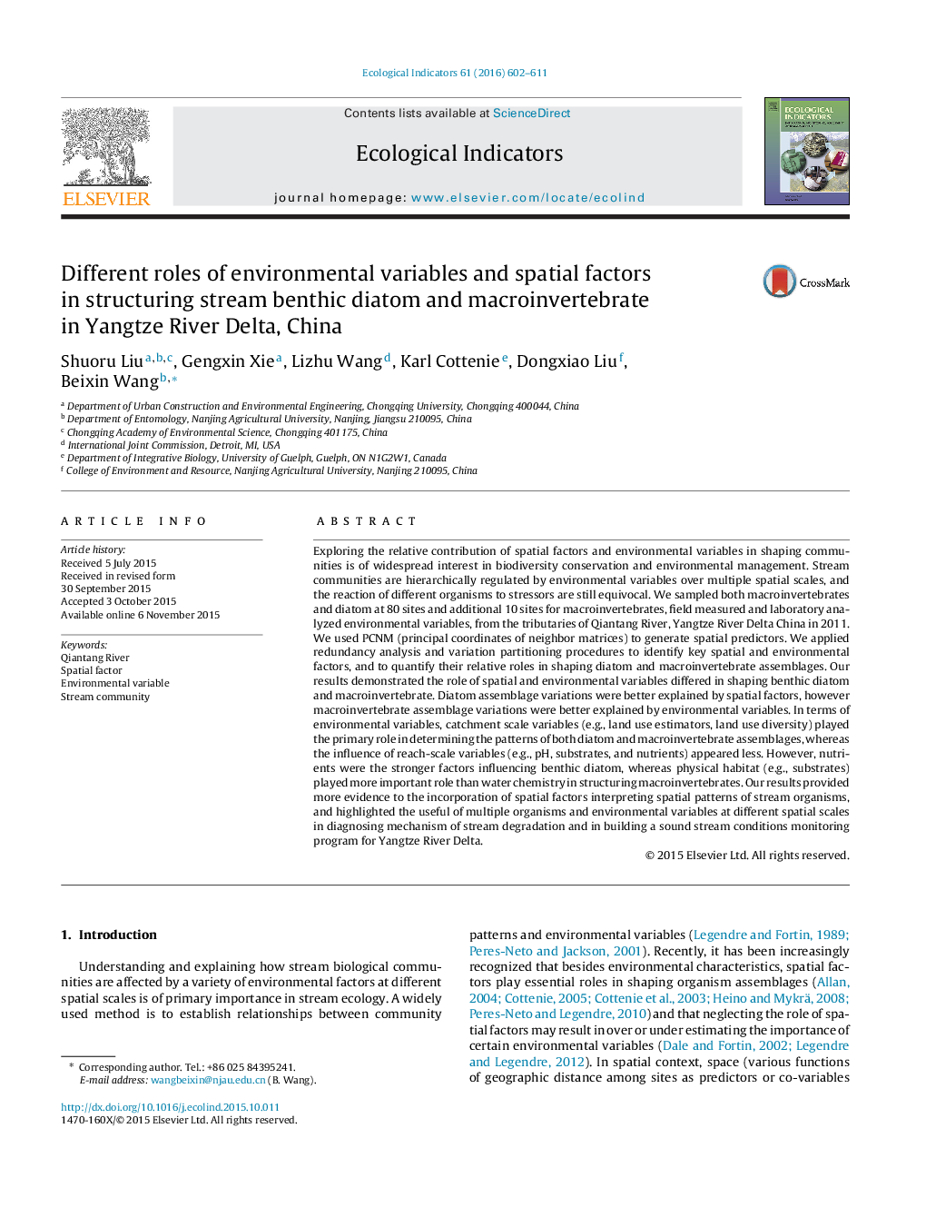 Different roles of environmental variables and spatial factors in structuring stream benthic diatom and macroinvertebrate in Yangtze River Delta, China