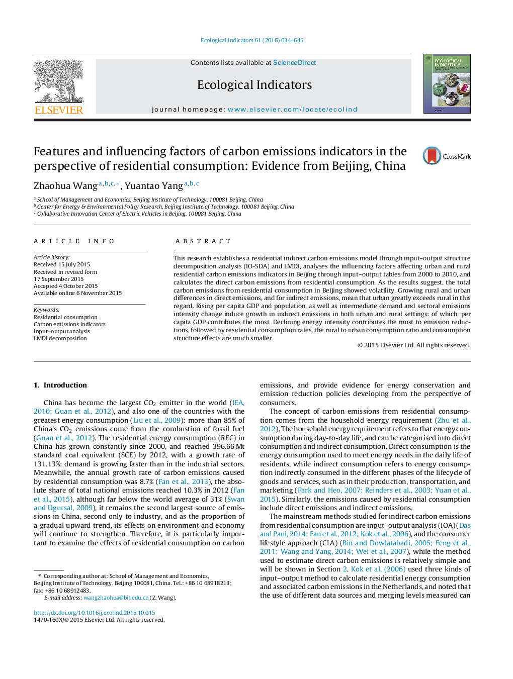 Features and influencing factors of carbon emissions indicators in the perspective of residential consumption: Evidence from Beijing, China