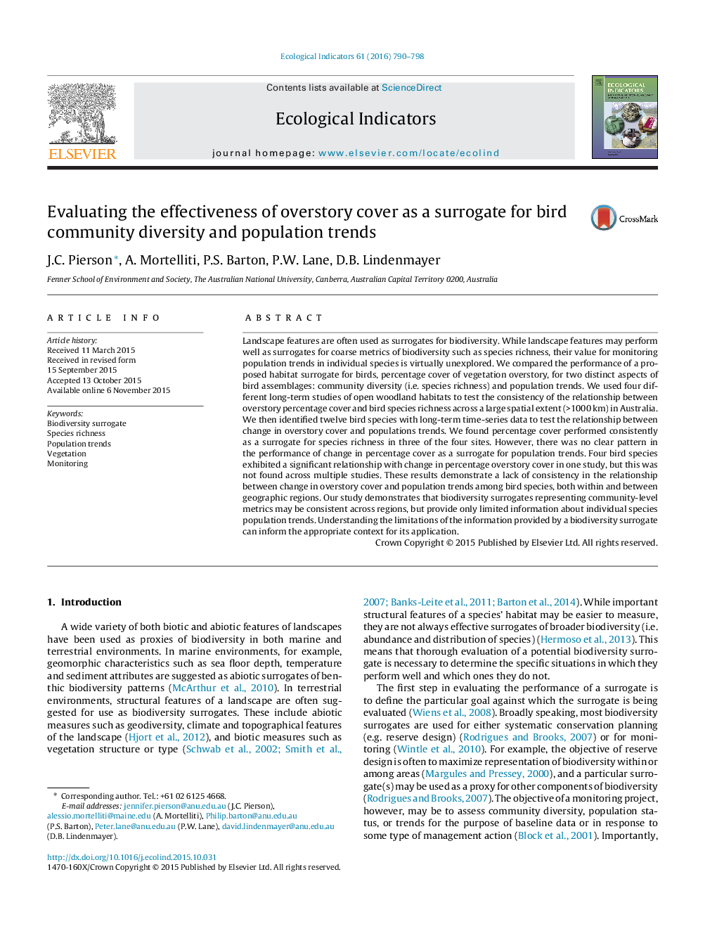 Evaluating the effectiveness of overstory cover as a surrogate for bird community diversity and population trends