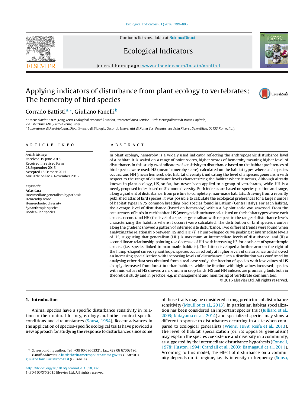 Applying indicators of disturbance from plant ecology to vertebrates: The hemeroby of bird species