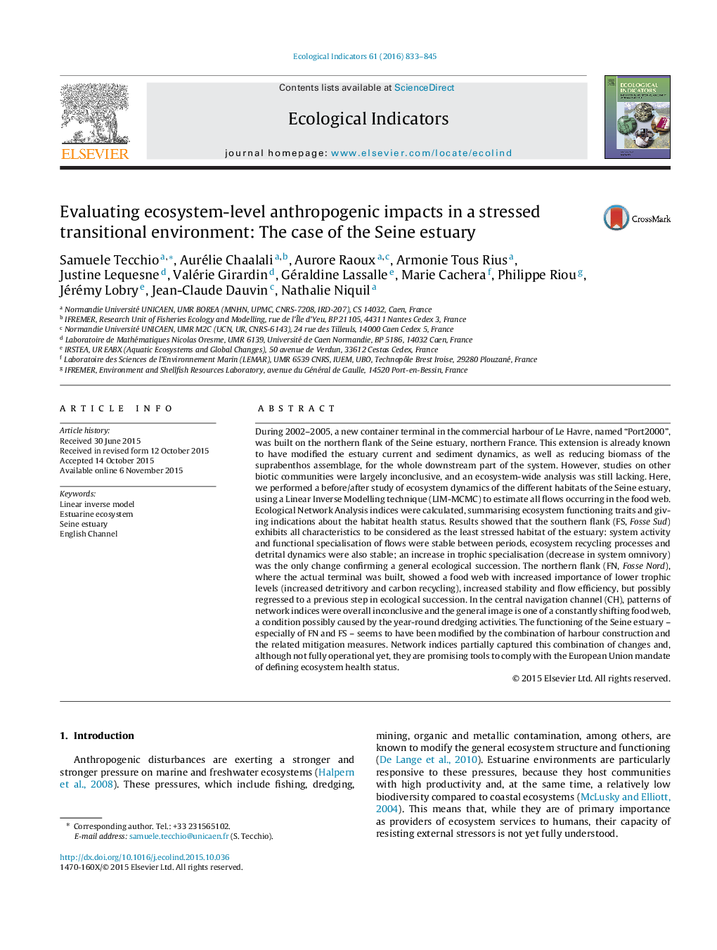 Evaluating ecosystem-level anthropogenic impacts in a stressed transitional environment: The case of the Seine estuary