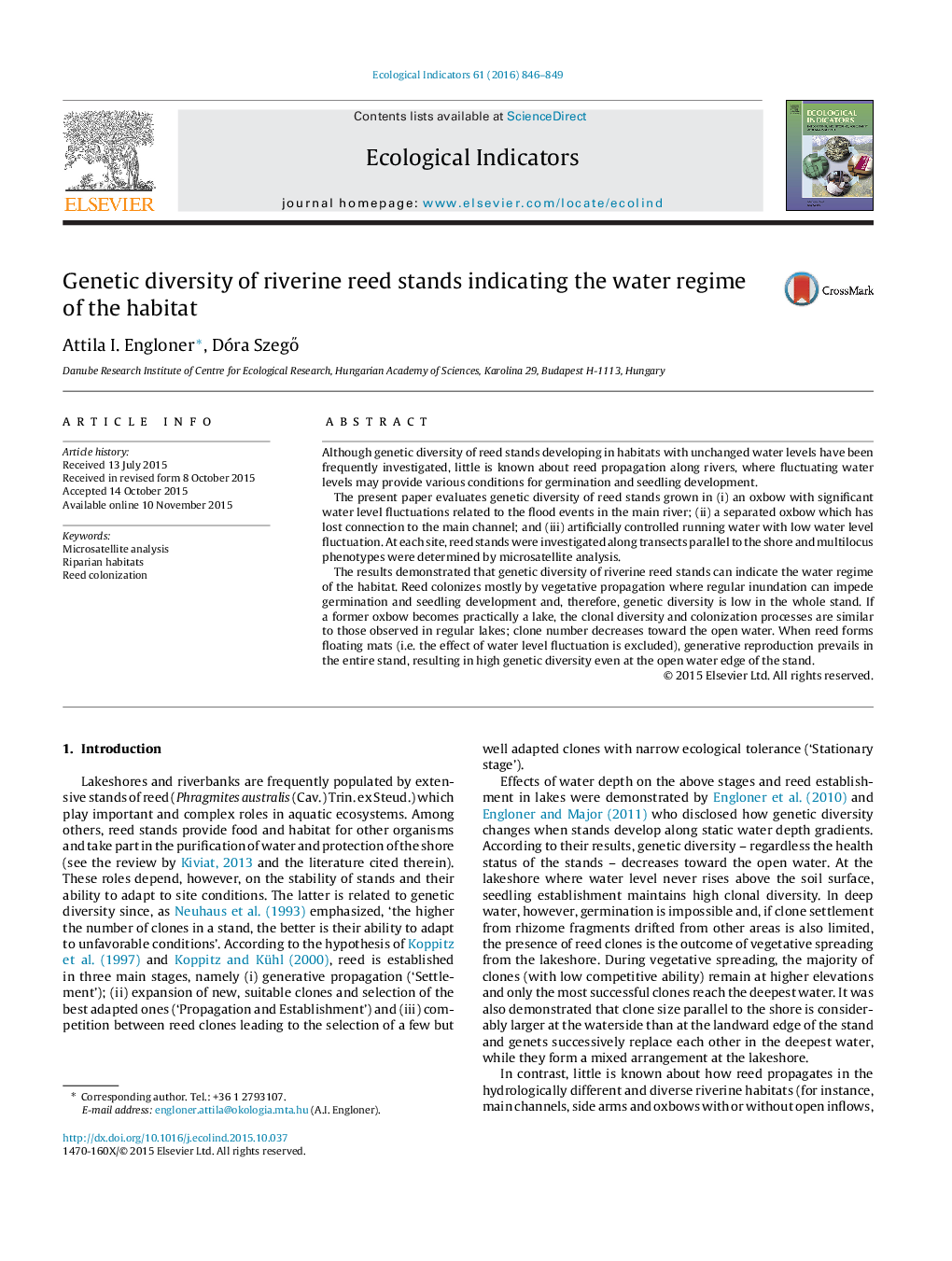 Genetic diversity of riverine reed stands indicating the water regime of the habitat