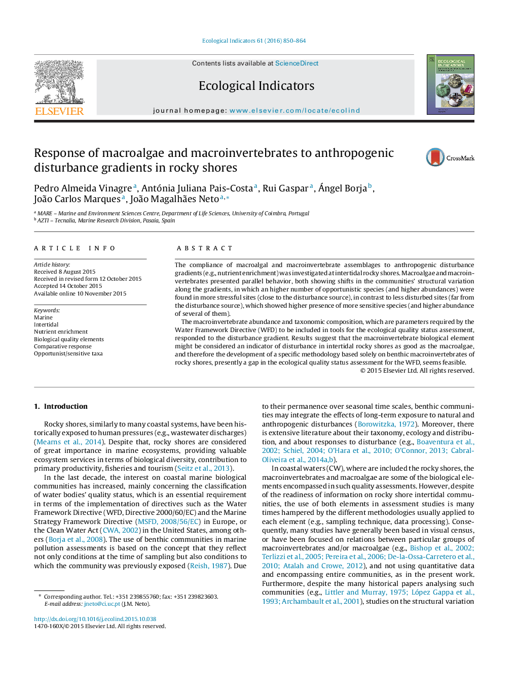 Response of macroalgae and macroinvertebrates to anthropogenic disturbance gradients in rocky shores