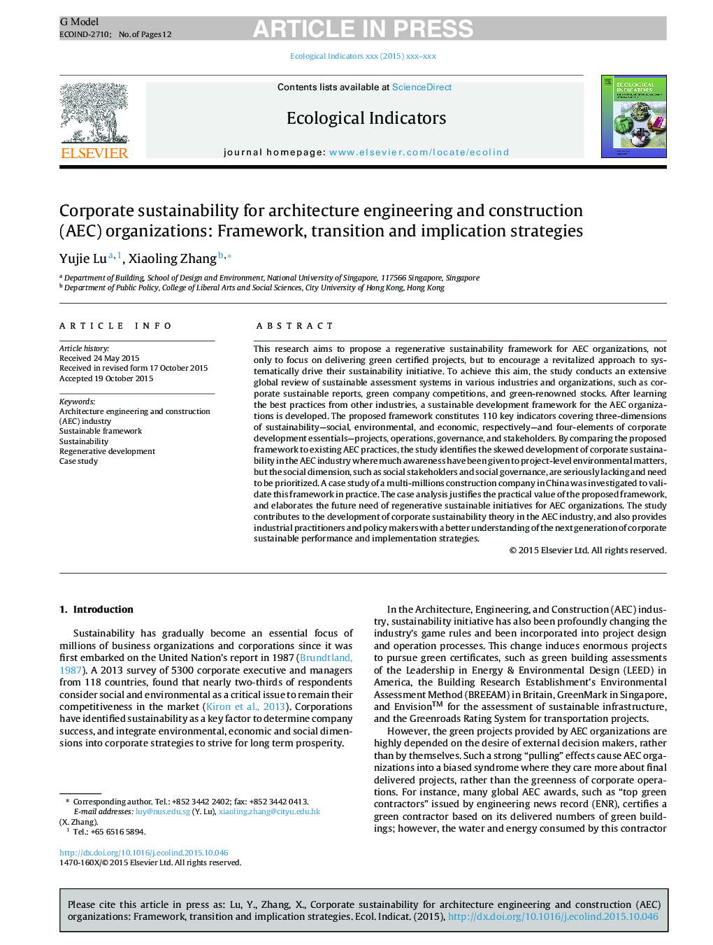 عکس صفحه اول مقاله: Corporate sustainability for architecture engineering and construction (AEC) organizations: Framework, transition and implication strategies Corporate sustainability for architecture engineering and construction (AEC) organizations: Framework, transition and implication strategies
