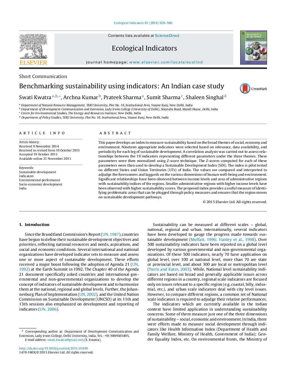 Benchmarking sustainability using indicators: An Indian case study