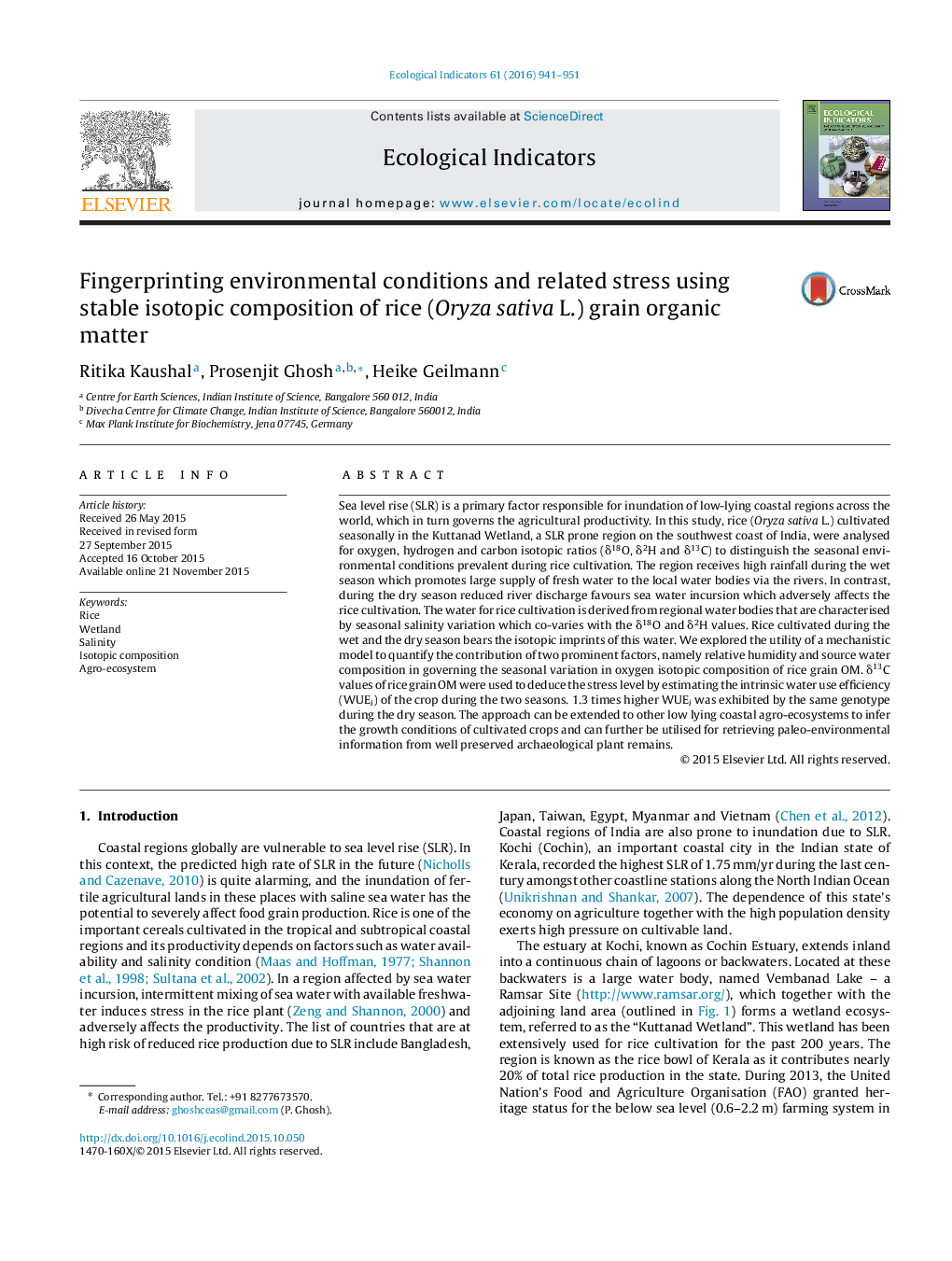 Fingerprinting environmental conditions and related stress using stable isotopic composition of rice (Oryza sativa L.) grain organic matter