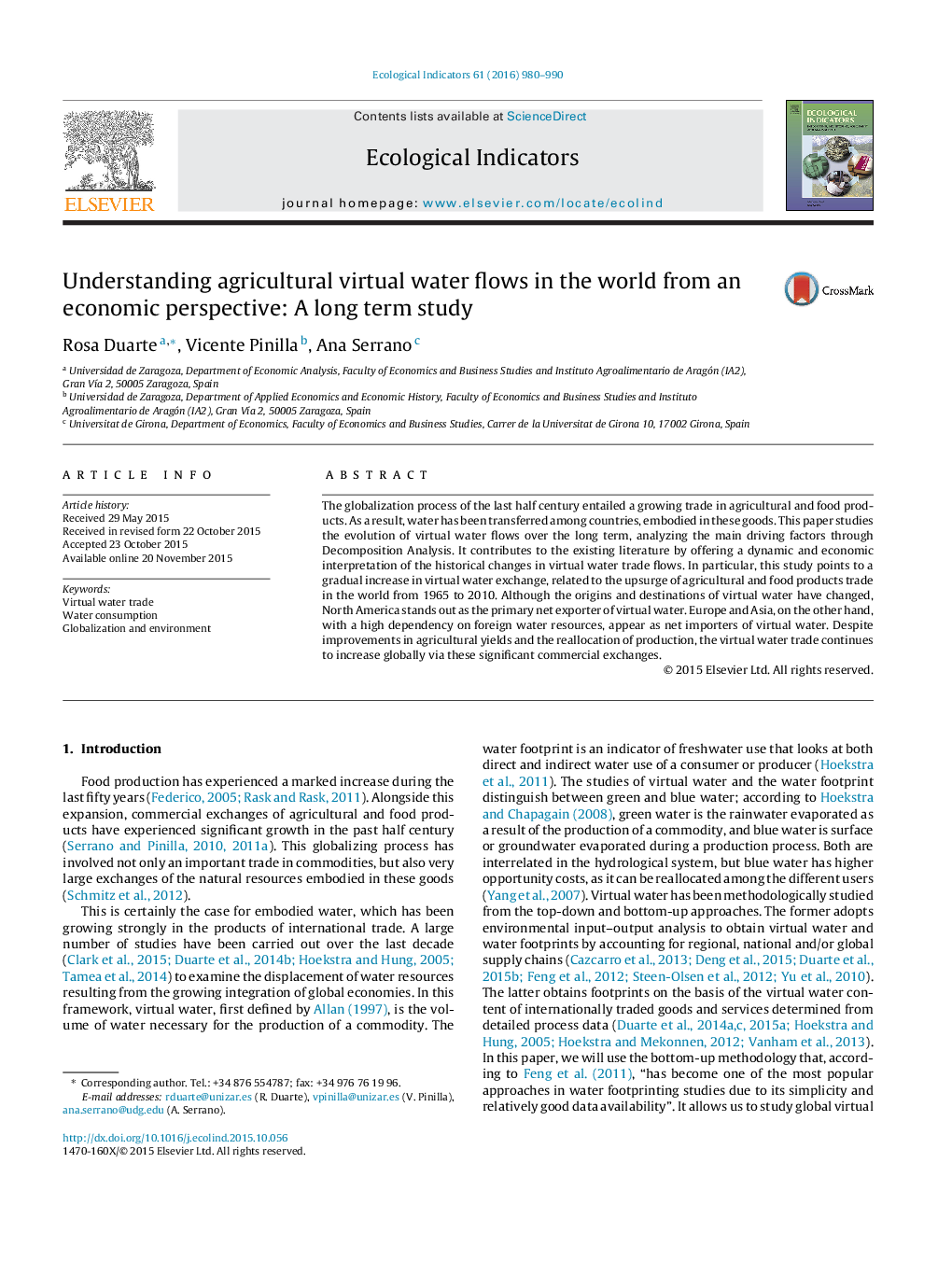 Understanding agricultural virtual water flows in the world from an economic perspective: A long term study