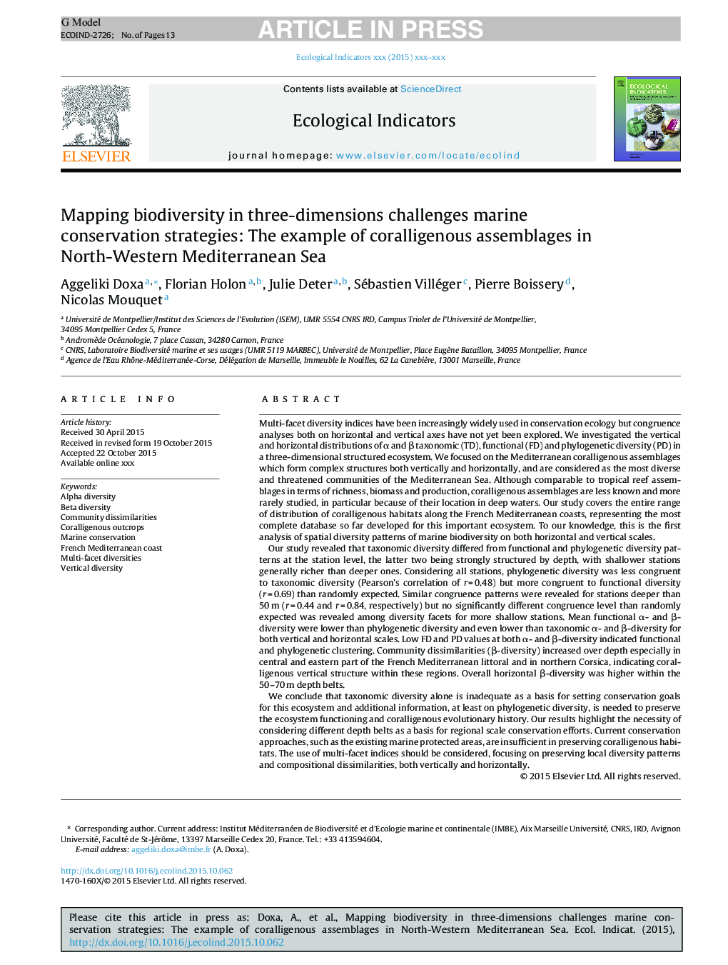 Mapping biodiversity in three-dimensions challenges marine conservation strategies: The example of coralligenous assemblages in North-Western Mediterranean Sea