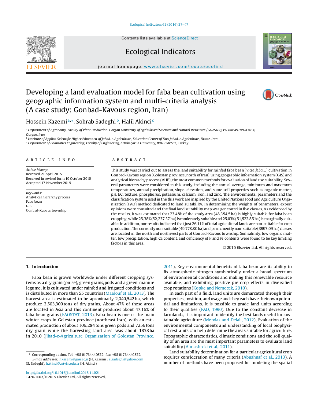 Developing a land evaluation model for faba bean cultivation using geographic information system and multi-criteria analysis (A case study: Gonbad-Kavous region, Iran)