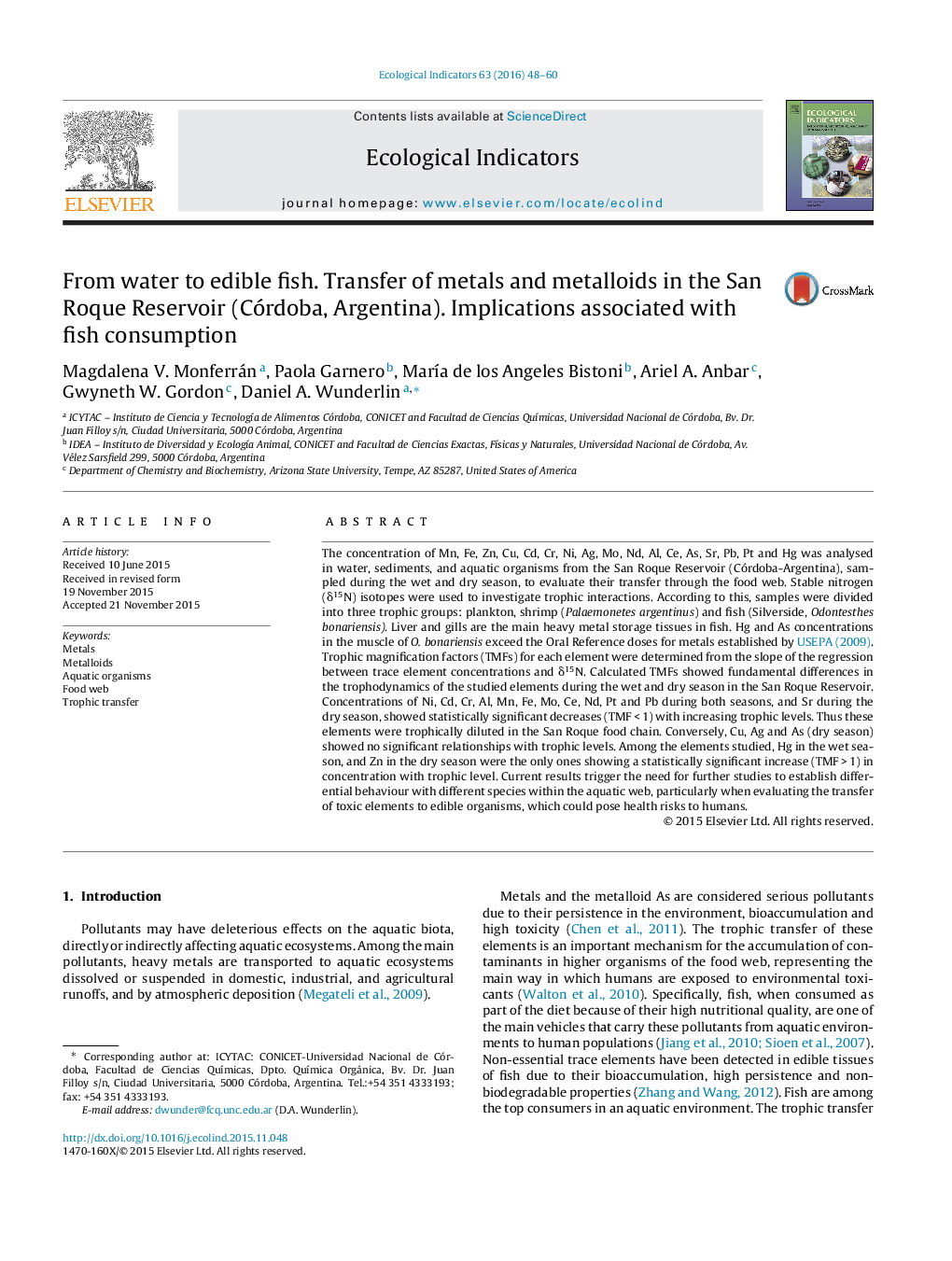 From water to edible fish. Transfer of metals and metalloids in the San Roque Reservoir (Córdoba, Argentina). Implications associated with fish consumption