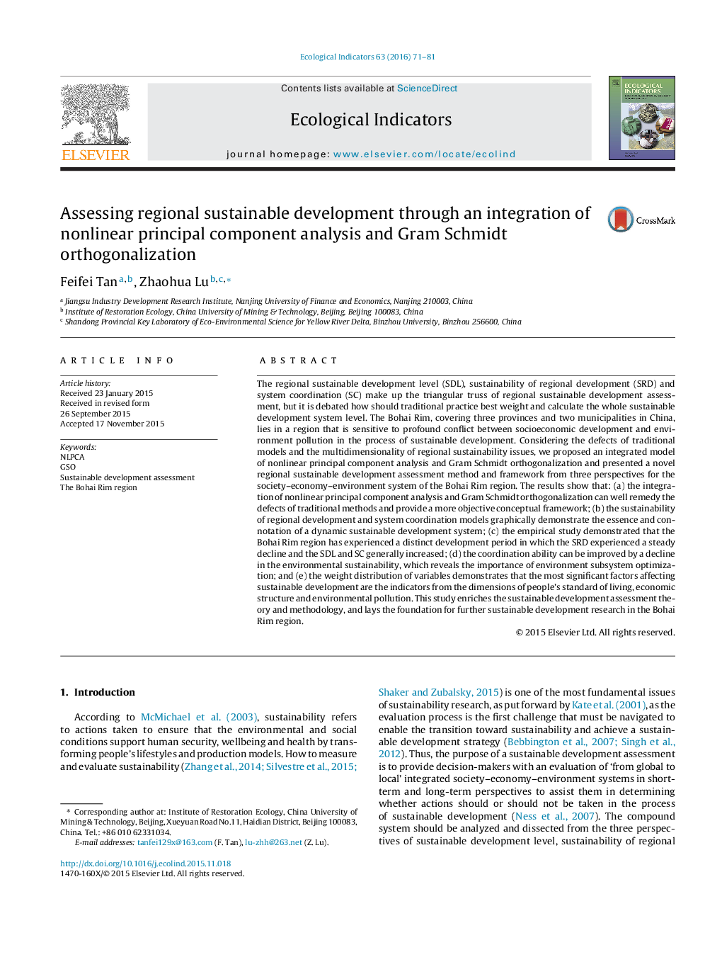 Assessing regional sustainable development through an integration of nonlinear principal component analysis and Gram Schmidt orthogonalization