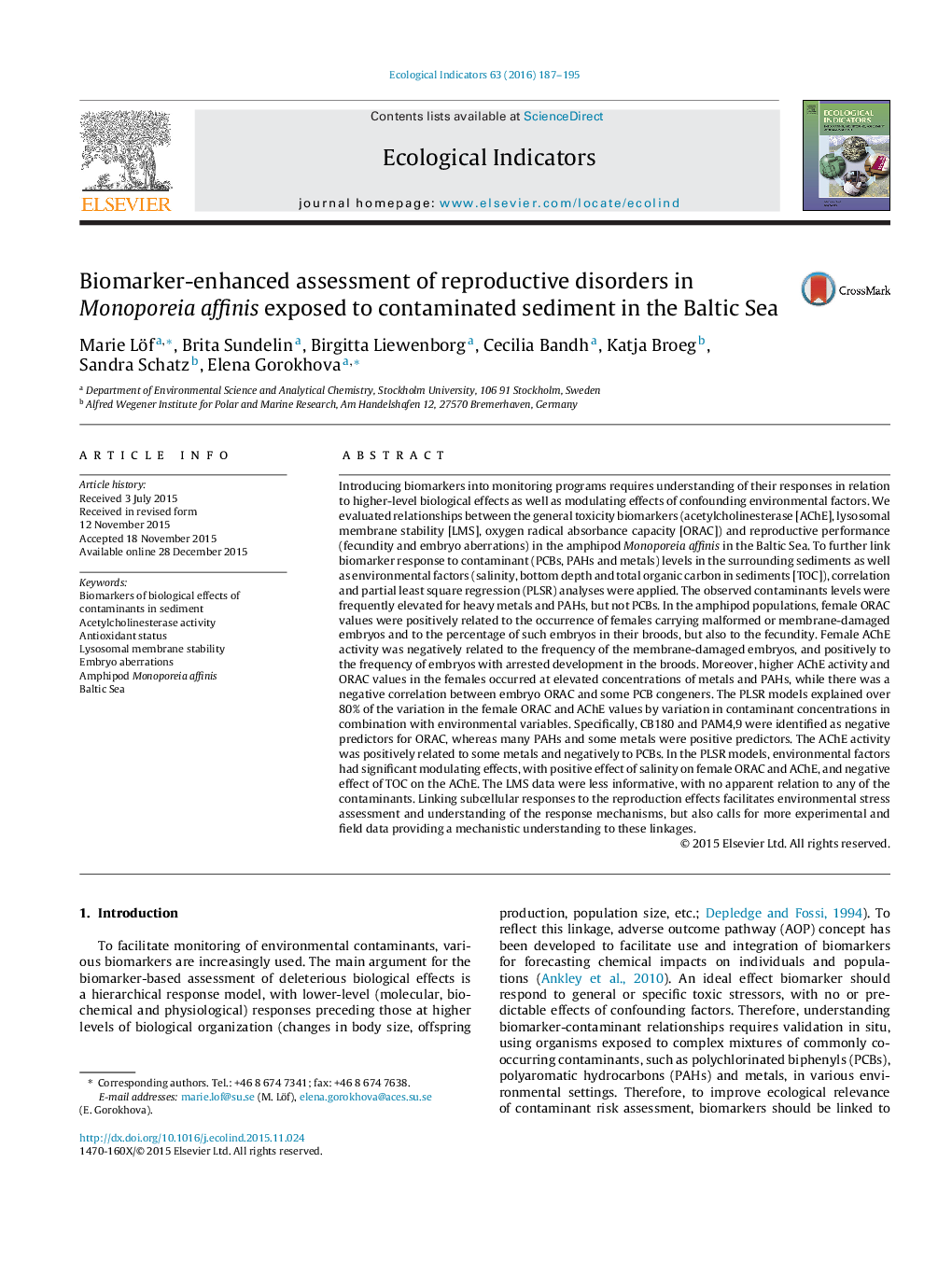 Biomarker-enhanced assessment of reproductive disorders in Monoporeia affinis exposed to contaminated sediment in the Baltic Sea