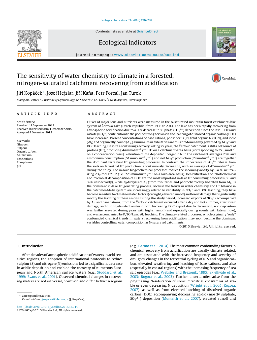 The sensitivity of water chemistry to climate in a forested, nitrogen-saturated catchment recovering from acidification