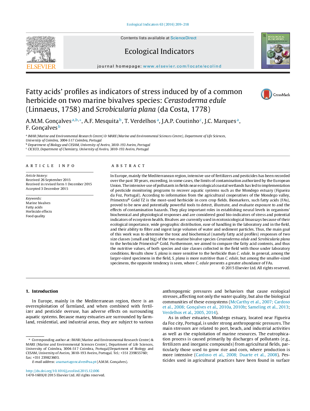 Fatty acids' profiles as indicators of stress induced by of a common herbicide on two marine bivalves species: Cerastoderma edule (Linnaeus, 1758) and Scrobicularia plana (da Costa, 1778)