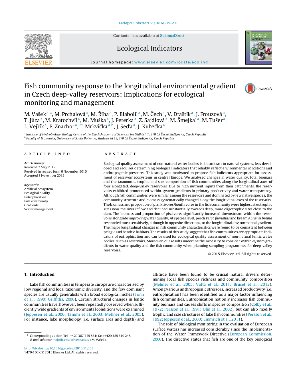 Fish community response to the longitudinal environmental gradient in Czech deep-valley reservoirs: Implications for ecological monitoring and management