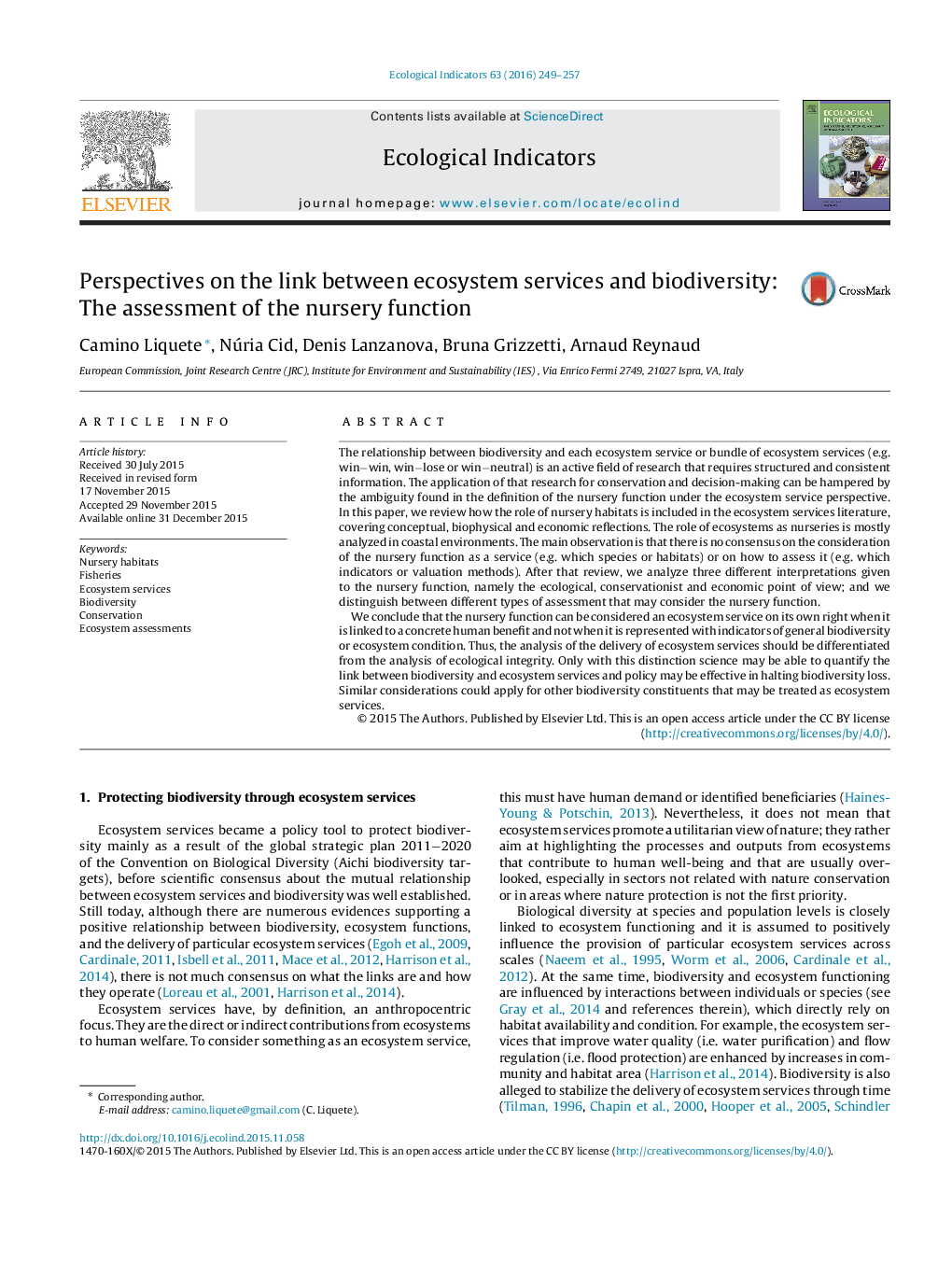 Perspectives on the link between ecosystem services and biodiversity: The assessment of the nursery function