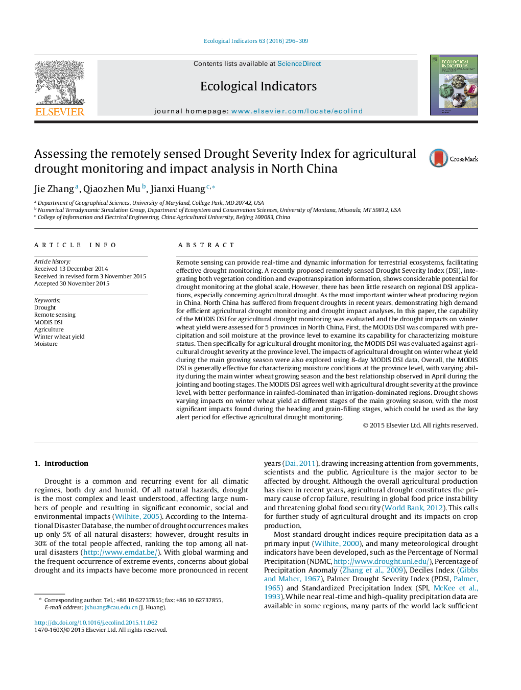 Assessing the remotely sensed Drought Severity Index for agricultural drought monitoring and impact analysis in North China