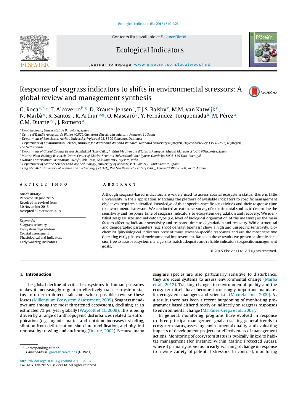 Response of seagrass indicators to shifts in environmental stressors: A global review and management synthesis