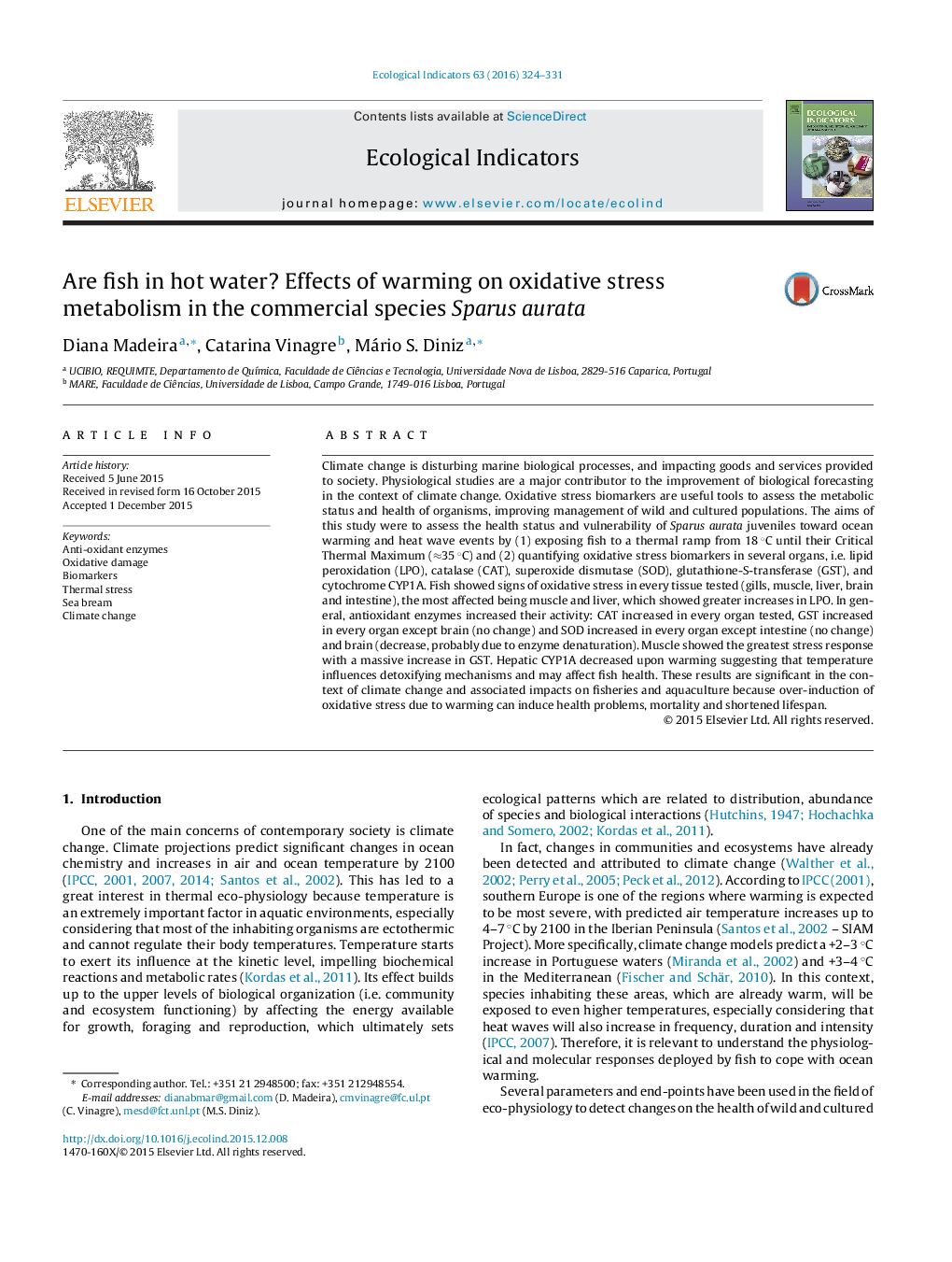 Are fish in hot water? Effects of warming on oxidative stress metabolism in the commercial species Sparus aurata