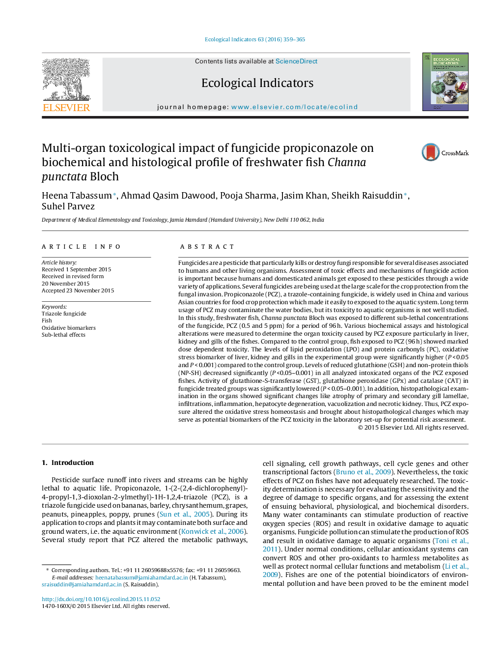 Multi-organ toxicological impact of fungicide propiconazole on biochemical and histological profile of freshwater fish Channa punctata Bloch