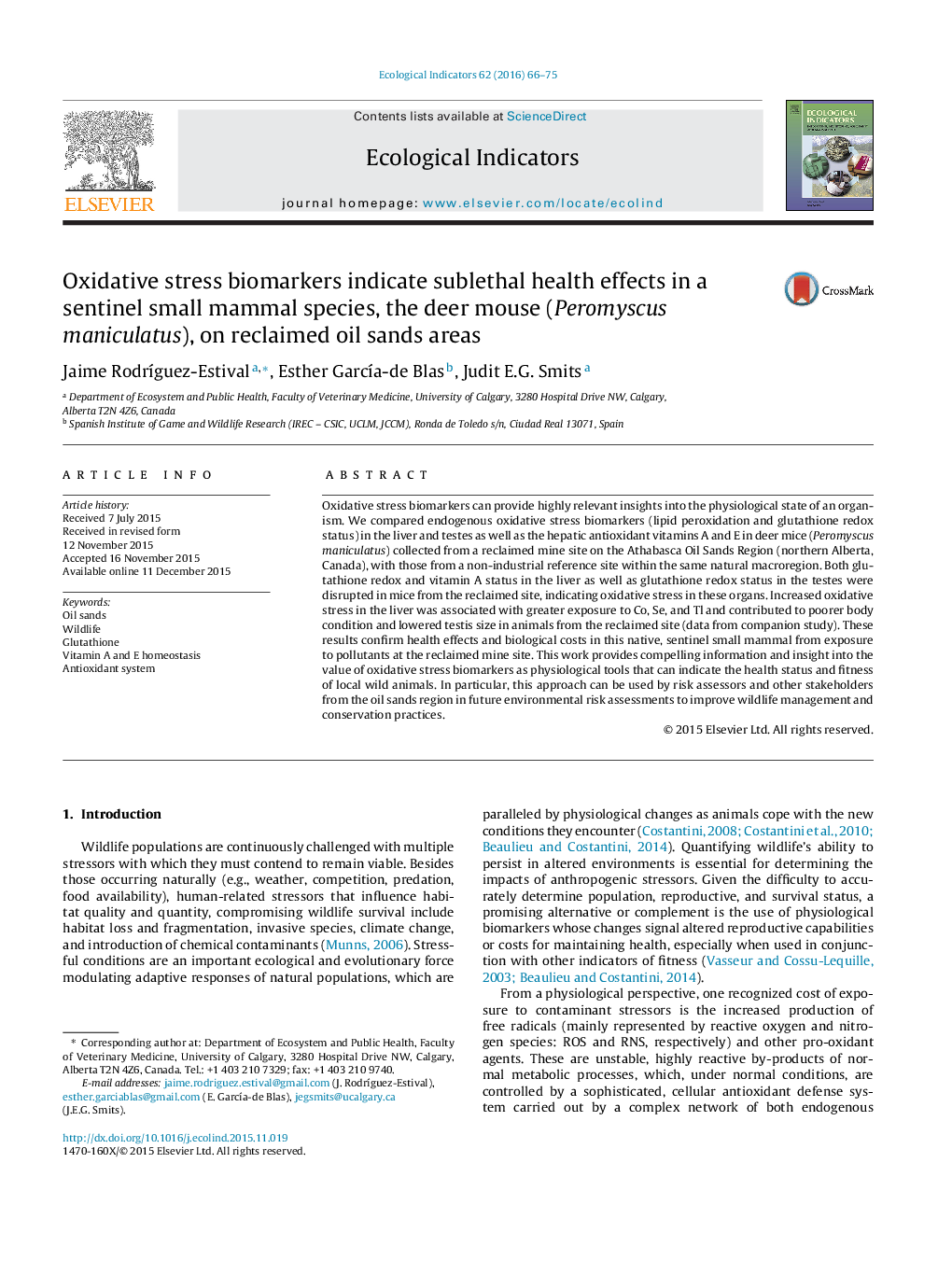 Oxidative stress biomarkers indicate sublethal health effects in a sentinel small mammal species, the deer mouse (Peromyscus maniculatus), on reclaimed oil sands areas