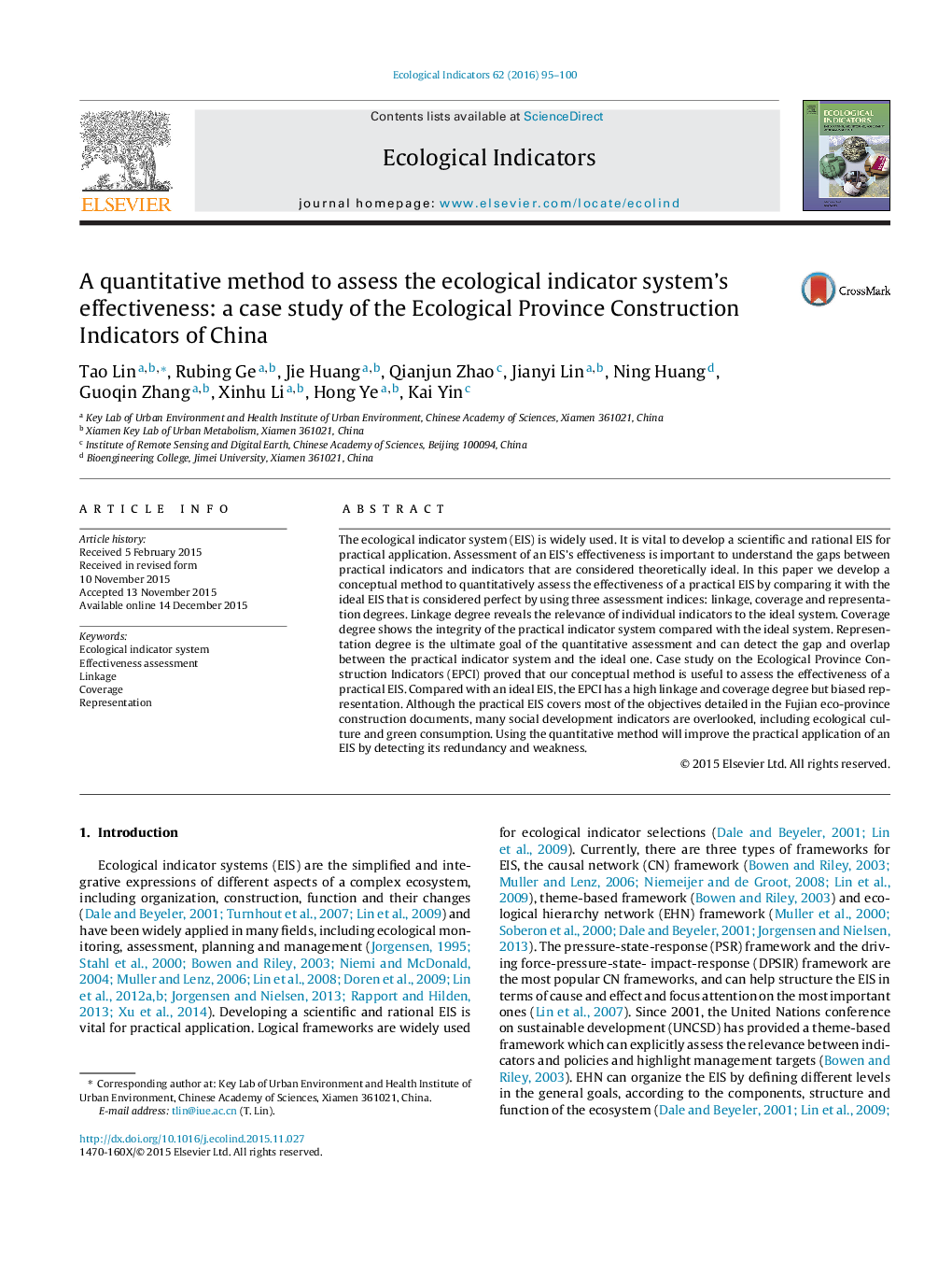 A quantitative method to assess the ecological indicator system's effectiveness: a case study of the Ecological Province Construction Indicators of China