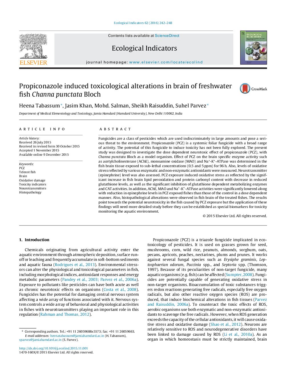 Propiconazole induced toxicological alterations in brain of freshwater fish Channa punctata Bloch