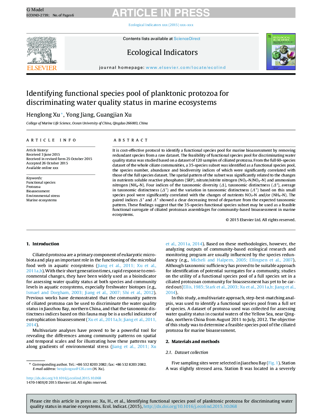 Identifying functional species pool of planktonic protozoa for discriminating water quality status in marine ecosystems