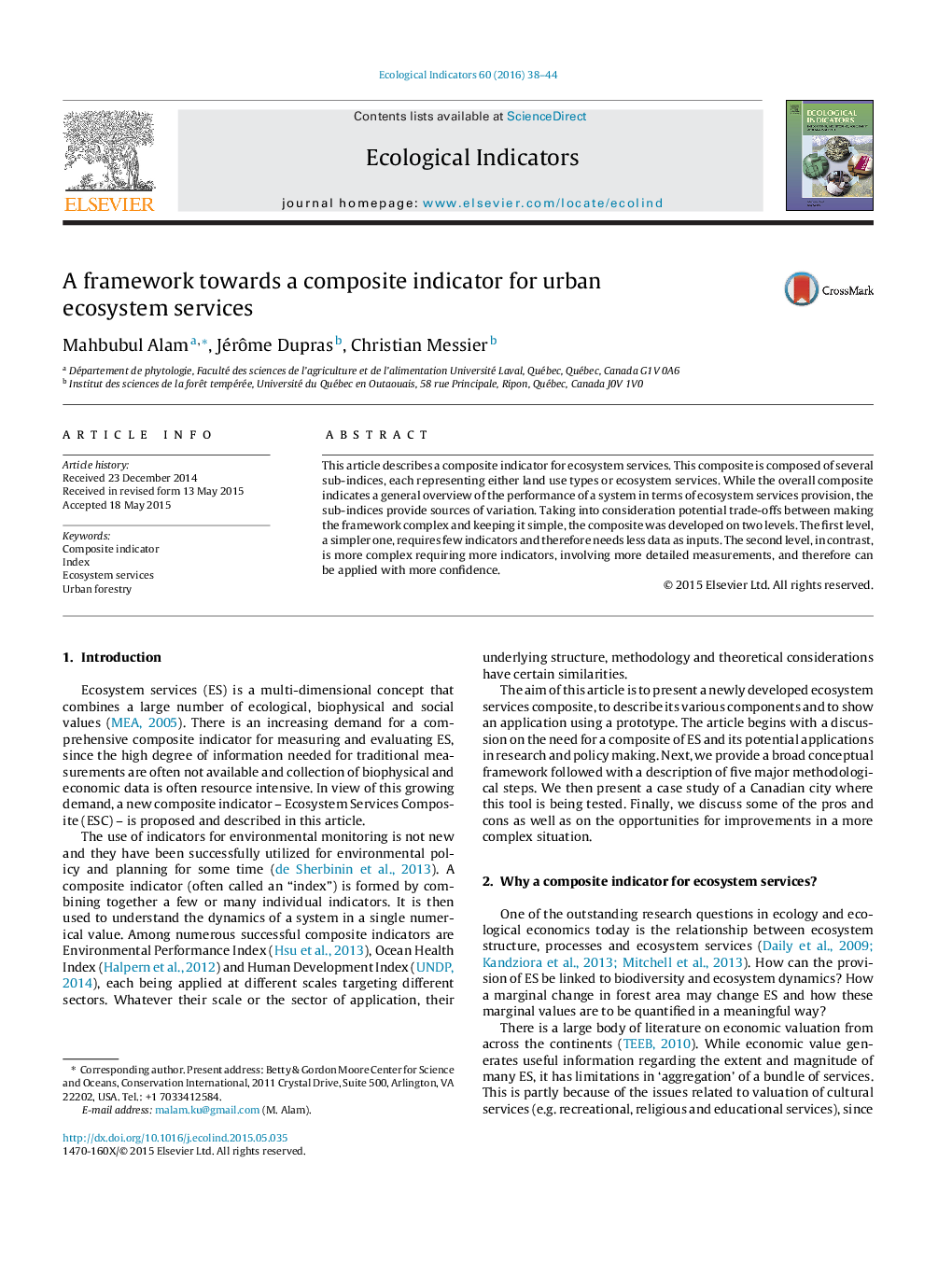 A framework towards a composite indicator for urban ecosystem services