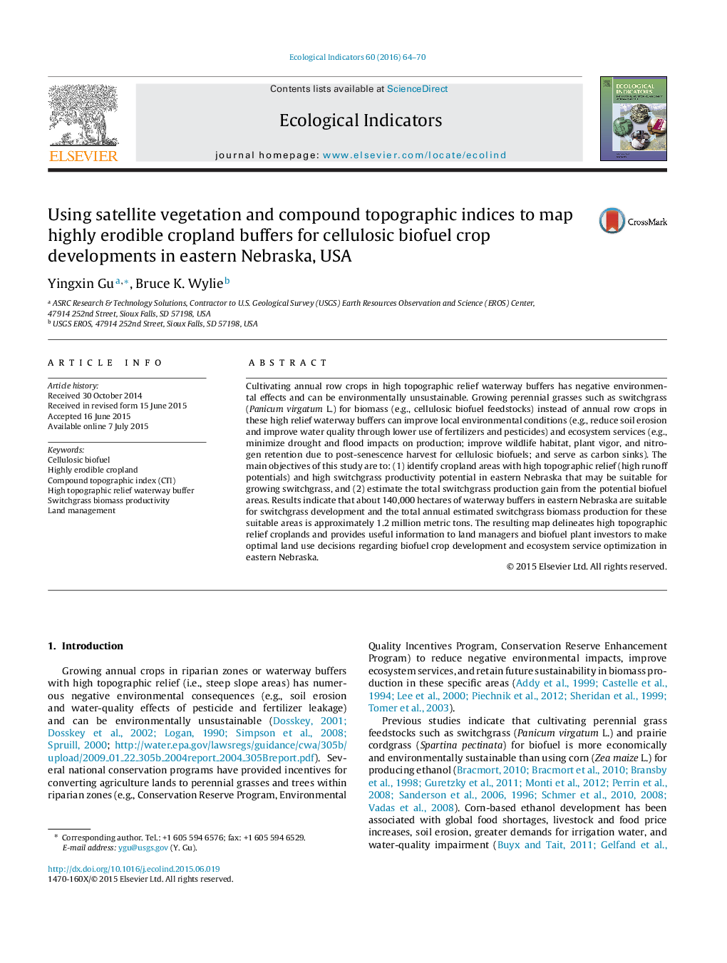 Using satellite vegetation and compound topographic indices to map highly erodible cropland buffers for cellulosic biofuel crop developments in eastern Nebraska, USA