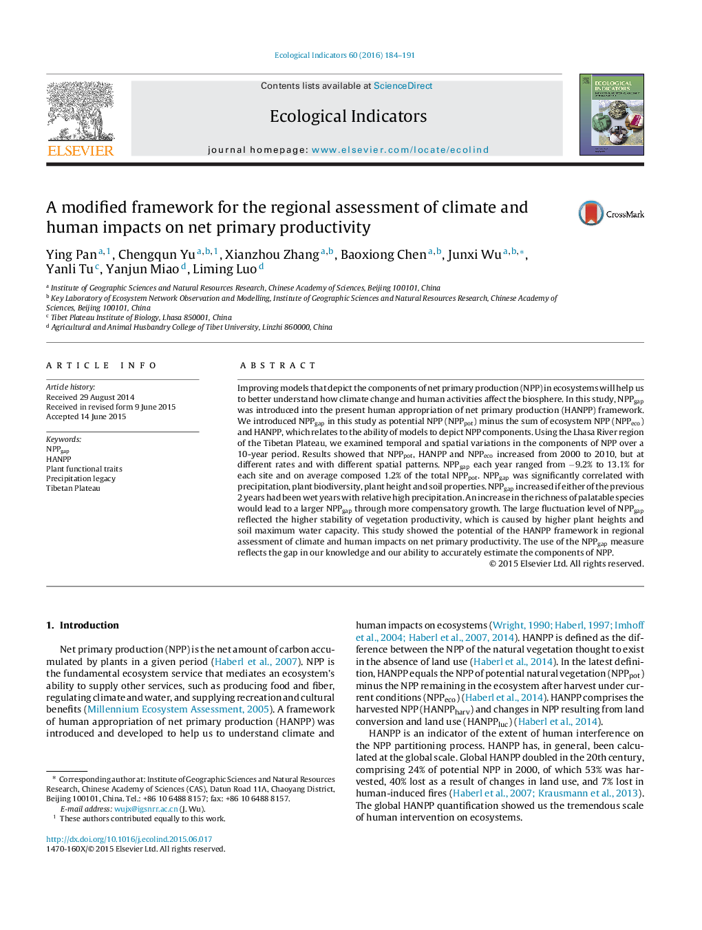 A modified framework for the regional assessment of climate and human impacts on net primary productivity