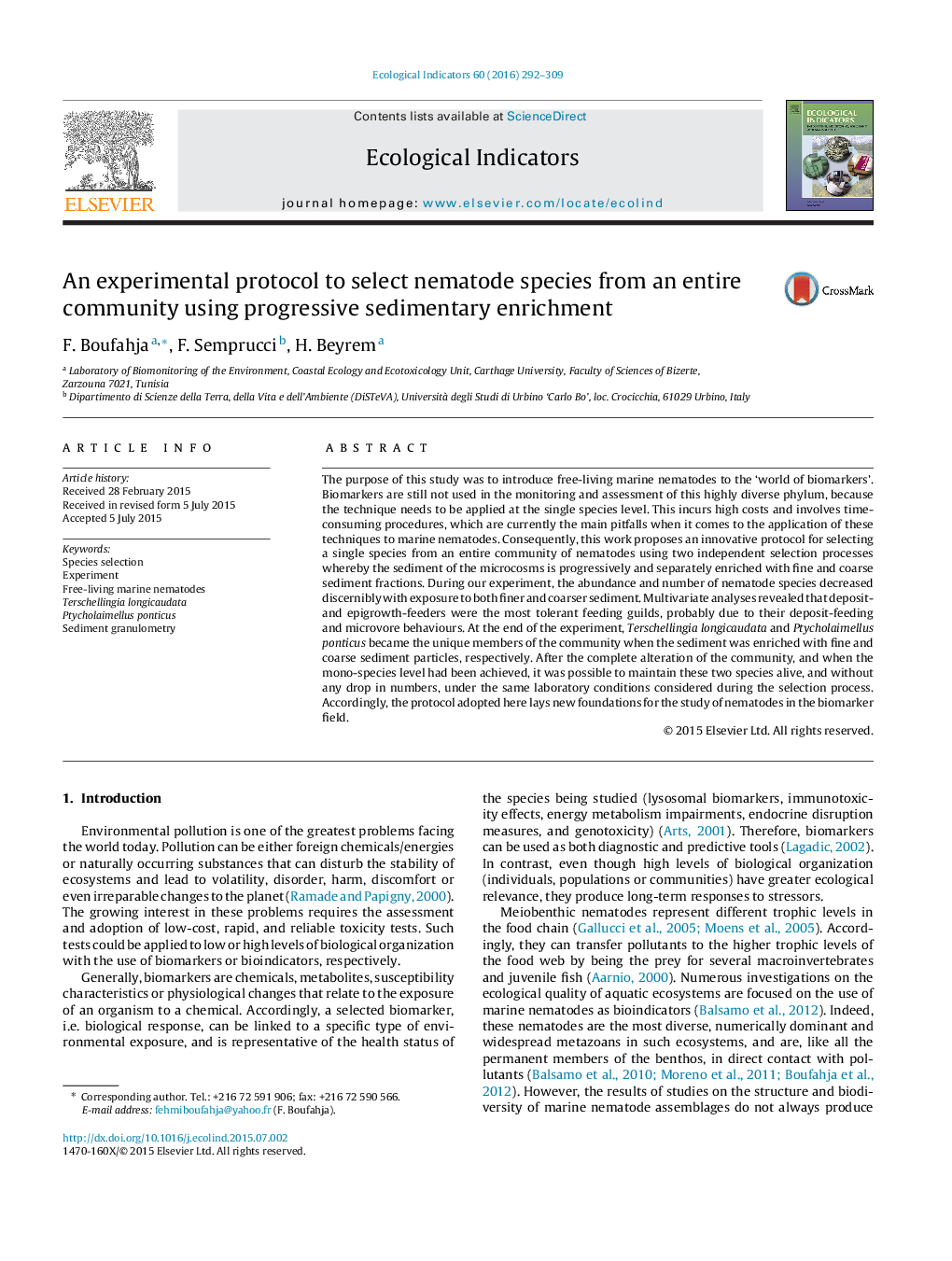 An experimental protocol to select nematode species from an entire community using progressive sedimentary enrichment