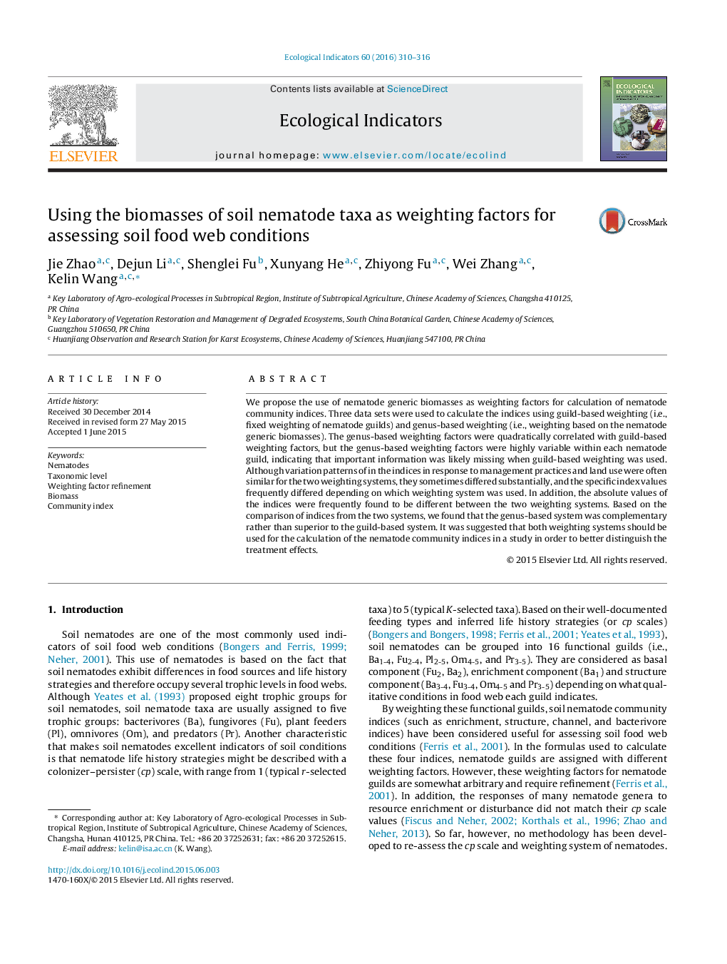 Using the biomasses of soil nematode taxa as weighting factors for assessing soil food web conditions