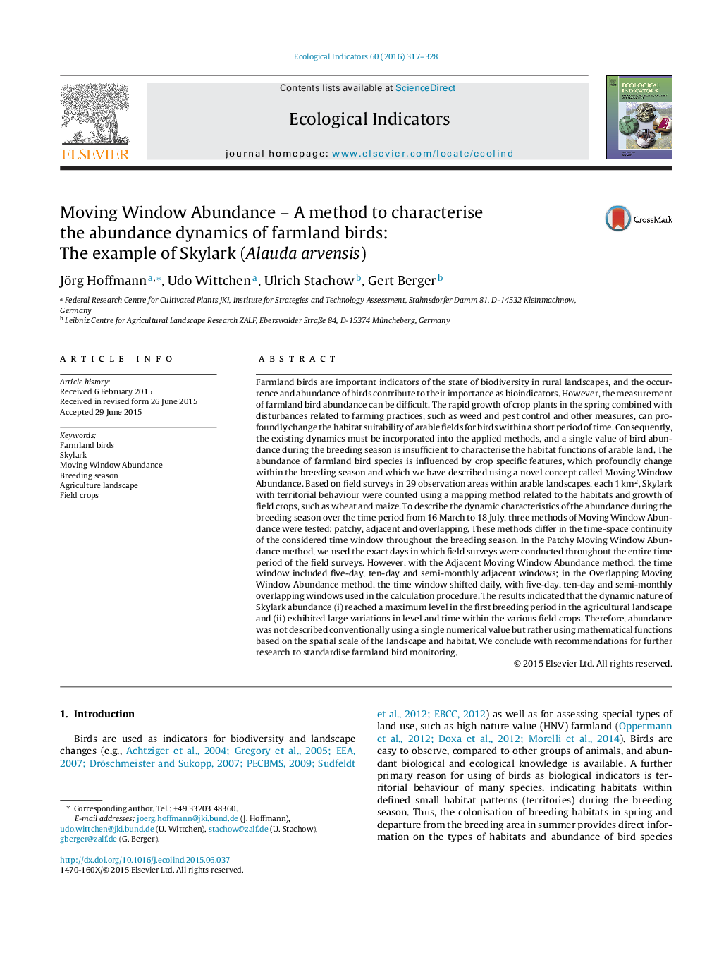 Moving Window Abundance - A method to characterise the abundance dynamics of farmland birds: The example of Skylark (Alauda arvensis)