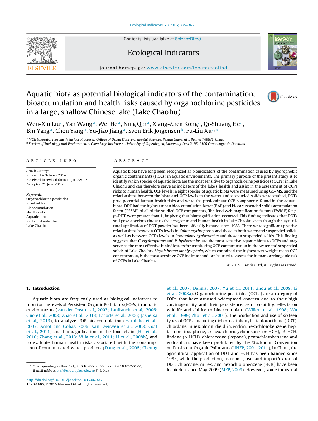 Aquatic biota as potential biological indicators of the contamination, bioaccumulation and health risks caused by organochlorine pesticides in a large, shallow Chinese lake (Lake Chaohu)