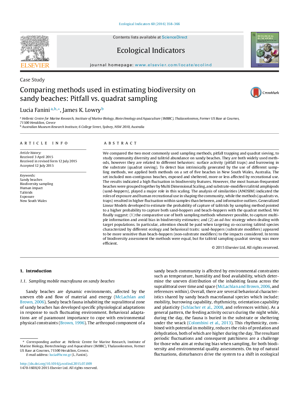 Comparing methods used in estimating biodiversity on sandy beaches: Pitfall vs. quadrat sampling