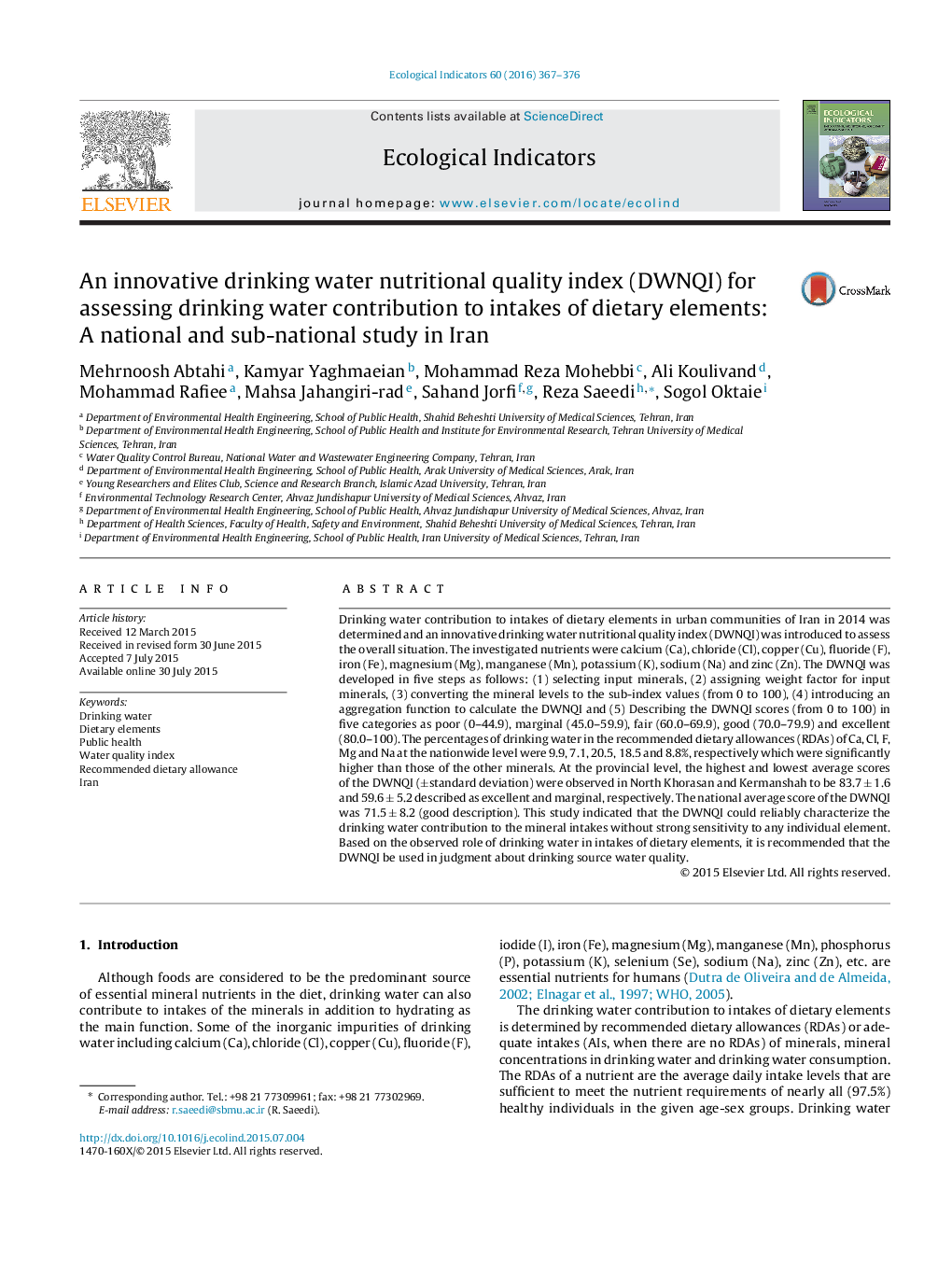 An innovative drinking water nutritional quality index (DWNQI) for assessing drinking water contribution to intakes of dietary elements: A national and sub-national study in Iran