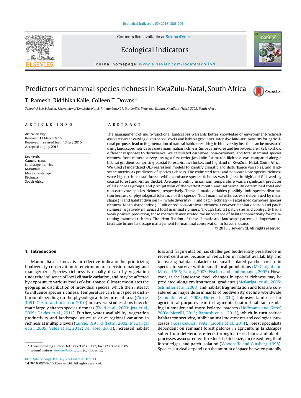 Predictors of mammal species richness in KwaZulu-Natal, South Africa