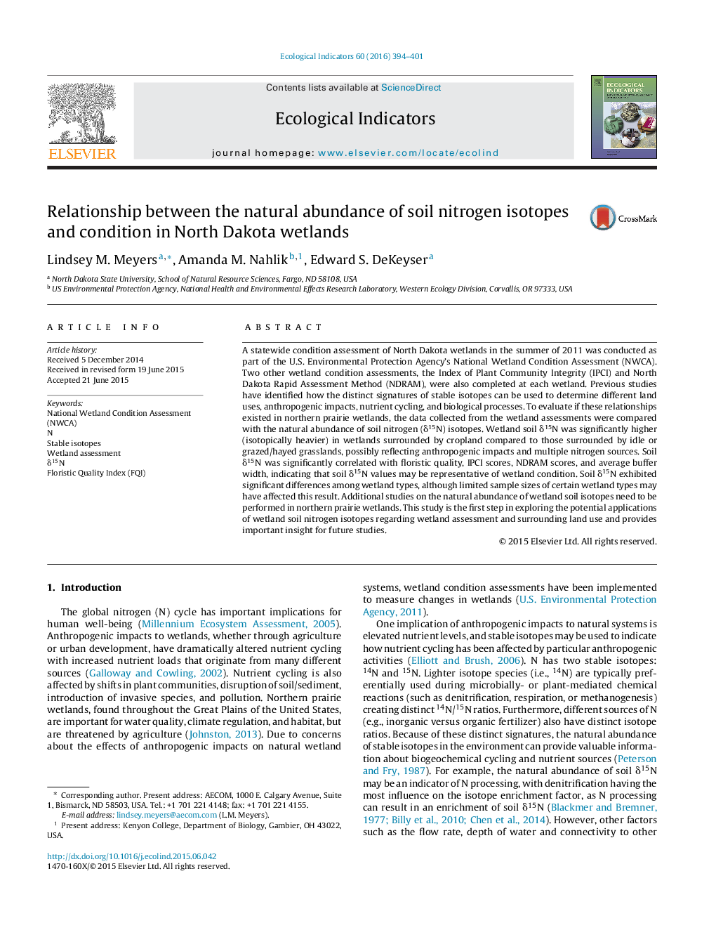 Relationship between the natural abundance of soil nitrogen isotopes and condition in North Dakota wetlands